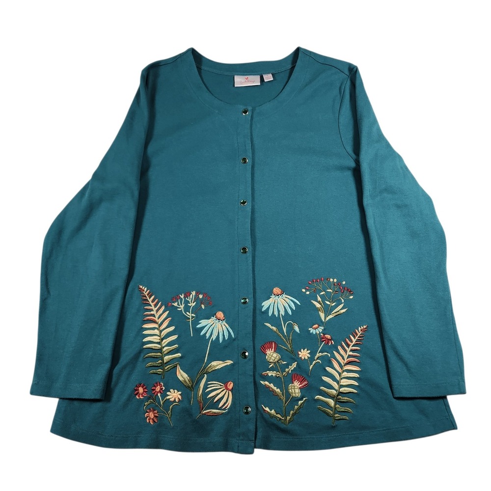 Quacker Factory Cardigan Womens Large Teal Floral Embroidered Rhinestone Button
